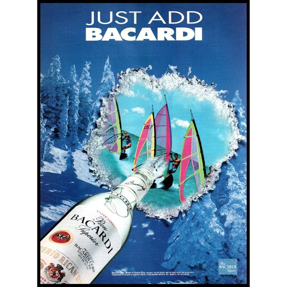 1995 Bacardi Run Vintage Print Ad Wind Surfing Caribbean Snow Covered Trees Art